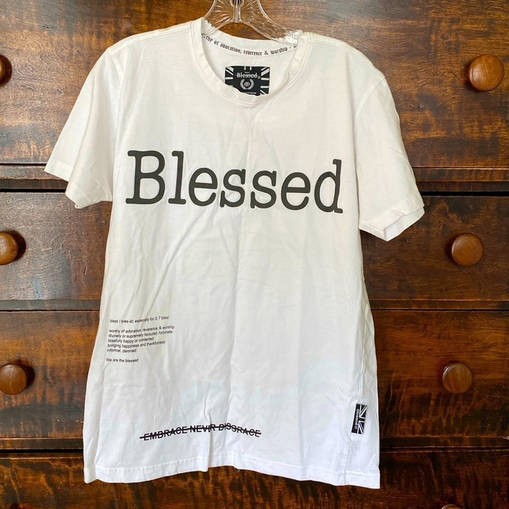 Blessed UK Sign Blessed Puff White Tee Short Sleeve Black Script Size SMALL